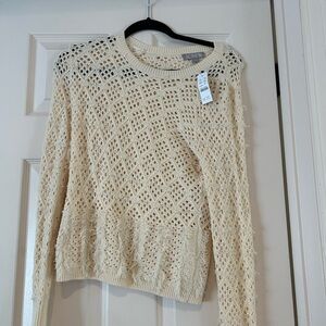 J. Crew Cotton Cream 
Pointelle Crewneck Sweater With Fringe Detail on Bottom
